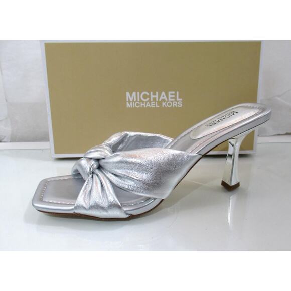 Michael Kors Elena Heeled Slide Sandal Knotted Strap Leather Silver - Picture 2 of 7